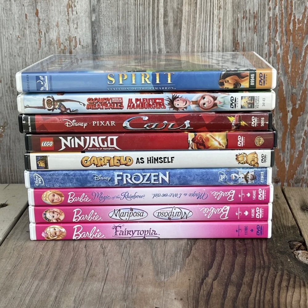 Children’s movies, 9 DVDs, 3- Barbie Garfield Ninjago Cars Frozen Cloudy Spirit